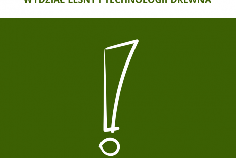 Grafika informacyjna Uniwersytetu Przyrodniczego w Poznaniu dotycząca ogłoszenia o zatrudnieniu. W górnej części widnieją logotypy uczelni oraz Wydziału Leśnego i Technologii Drewna, umieszczone na białym tle. Centralną część zajmuje duży, biały wykrzyknik o odręcznej stylistyce, który kontrastuje z ciemnozielonym dołem grafiki. Całość wieńczy wyraźny napis „OFERTA PRACY” napisany wersalikami.