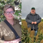 Zestawienie dwóch portretów ukazuje osoby na tle natury. Po lewej stronie kobieta w okularach i oliwkowej koszuli uśmiecha się delikatnie, stojąc obok kwitnącego na biało krzewu. Prawa część to postać mężczyzny w czapce z daszkiem i ciemnej kurtce, który trzyma szpadel, stojąc pośrodku wysokich upraw pod zachmurzonym niebem. Obie kompozycje podkreślają bezpośredni związek postaci z otoczeniem roślinnym.