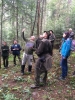 Grupa osób stoi w gęstym, iglastym lesie, skupiając uwagę na wysokich koronach drzew. Mężczyzna w okularach, trzymający kartkę papieru, wykonuje gest ręką w górę, jakby coś tłumaczył pozostałym uczestnikom spotkania. Część zgromadzonych ma na sobie stroje w odcieniach zieleni i brązu, a jedna kobieta wyróżnia się jasnoniebieską kurtką turystyczną. Cała scena sugeruje edukacyjny spacer przyrodniczy lub terenową naradę leśników.